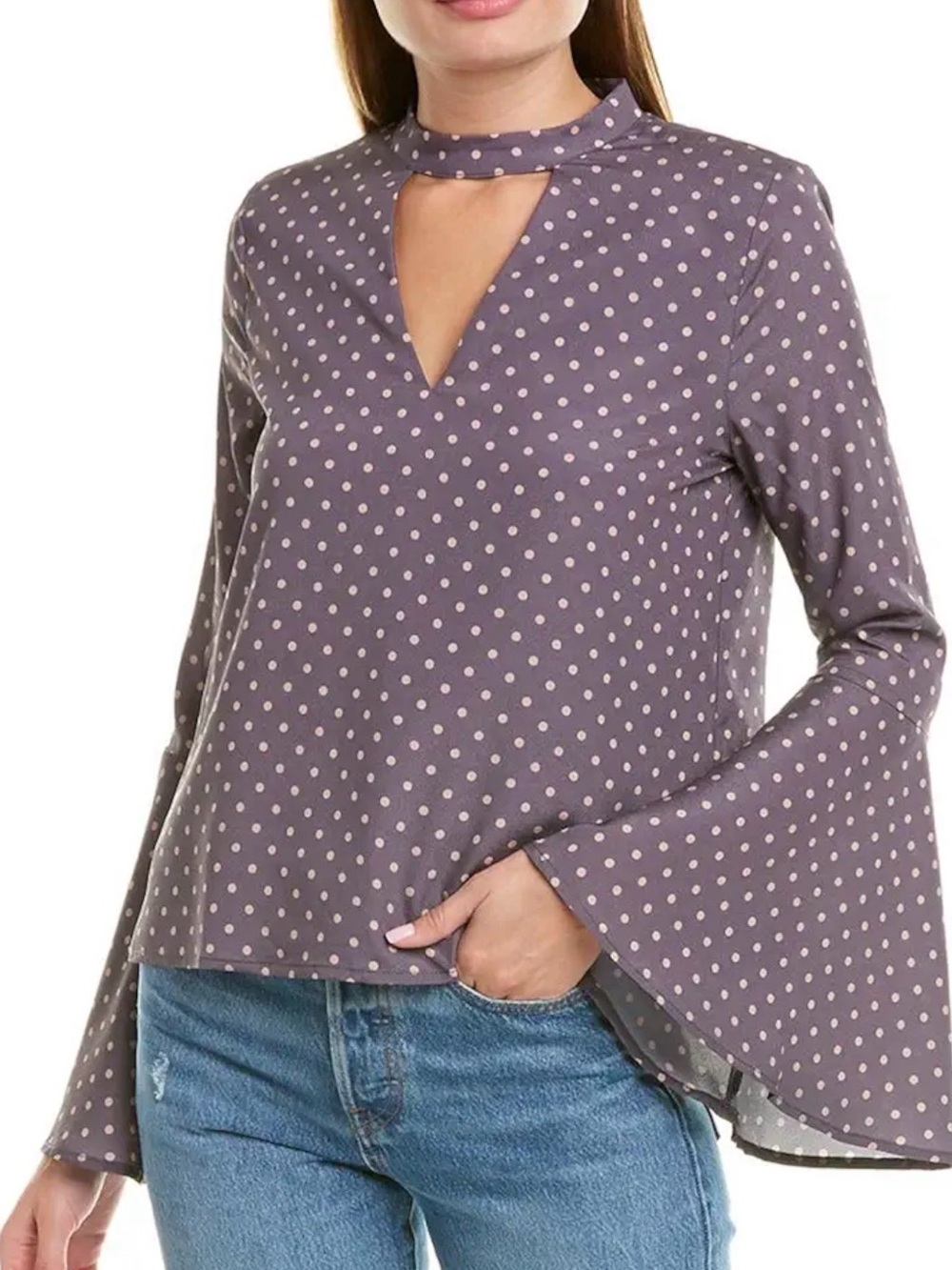 J.O.A Polka Dot Choker V-Neck Bell Sleeve Top - grey & pink NWT XS
